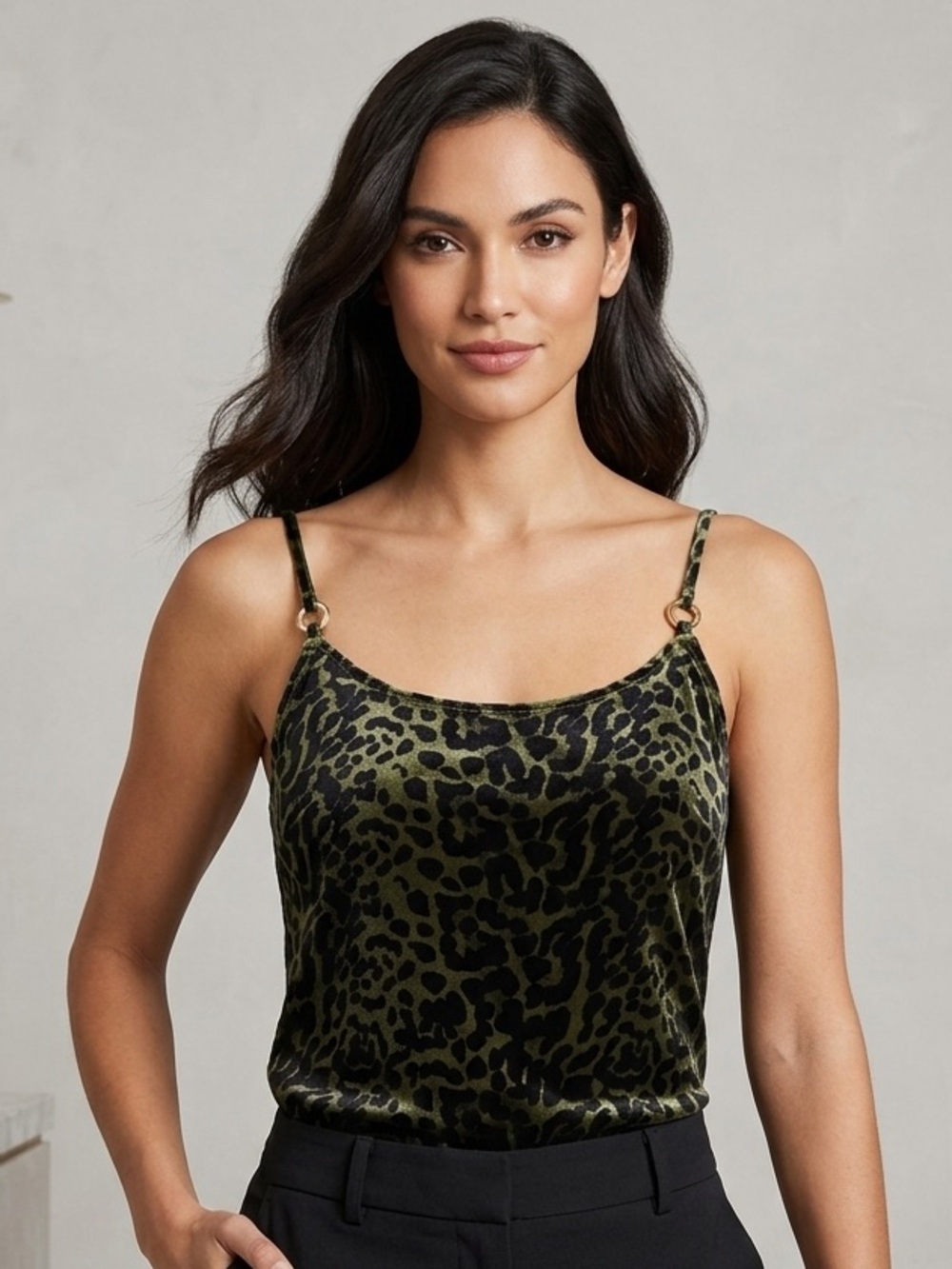 T Tahari Olive Leopard Velvet Cami with Adjustable Straps